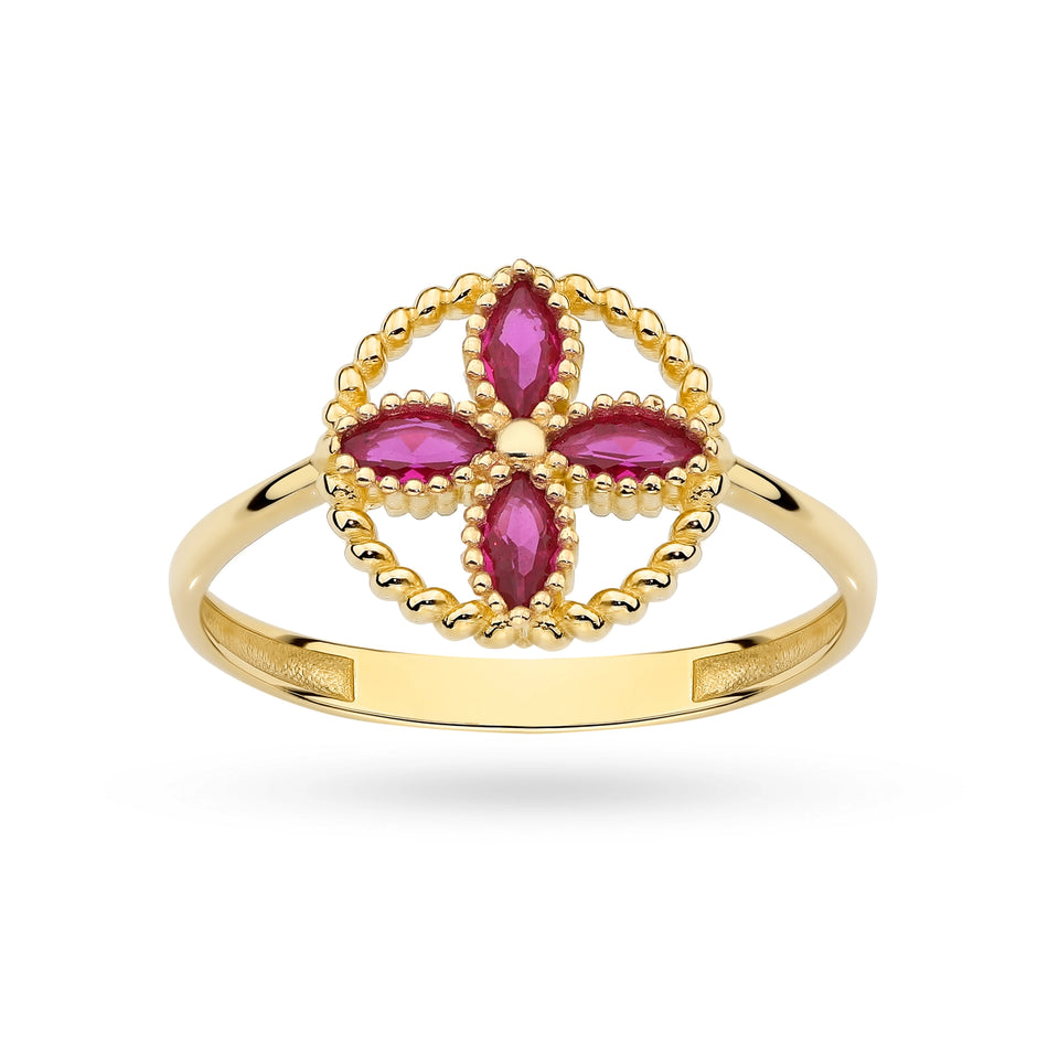 Gold Ring with Red Zirconia Flower
