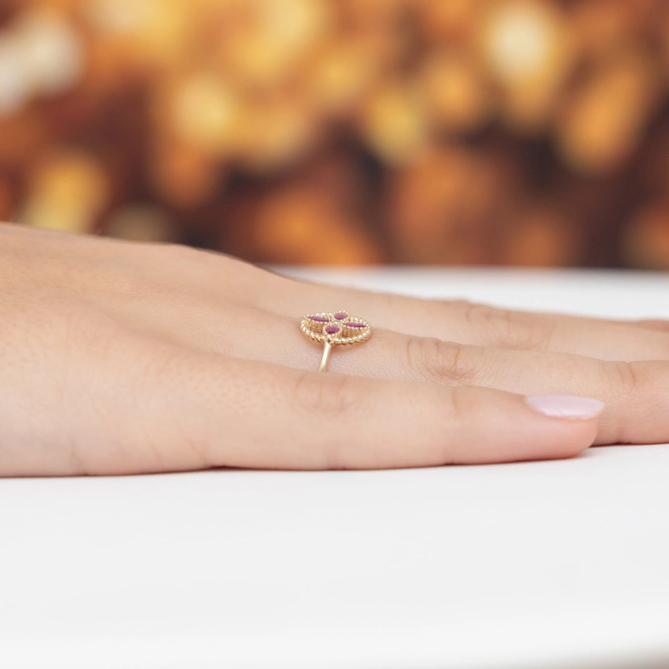 Gold Ring with Red Zirconia Flower