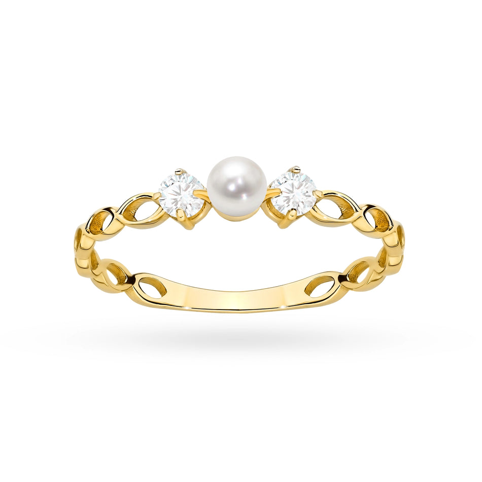 Gold Ring with Pearl and Zirconia
