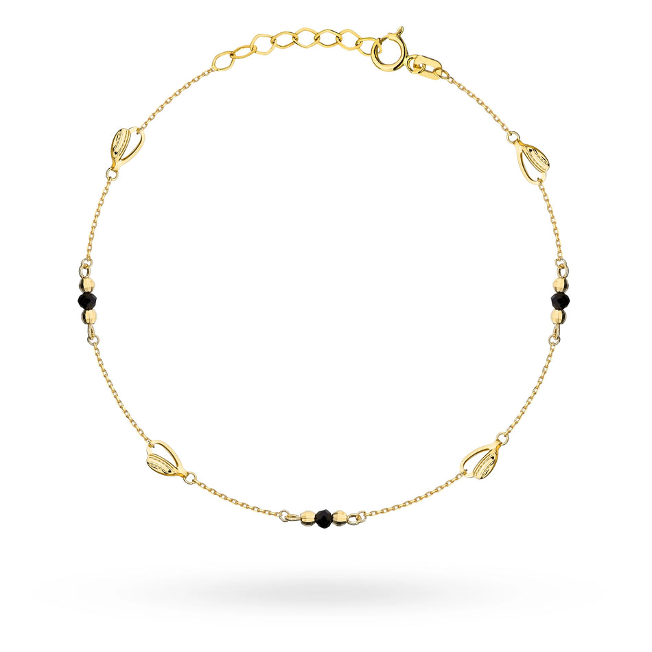 Zlatý náramek se srdci, korálky a černými kameny