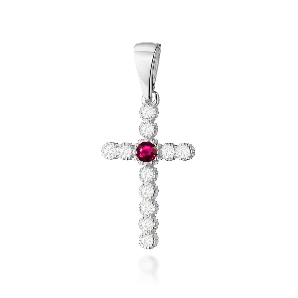Gold Cross Pendant with Ruby and Diamonds