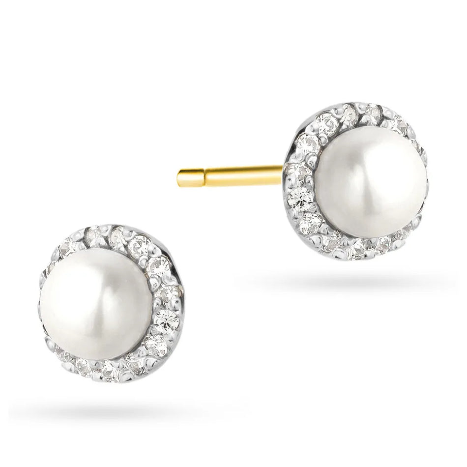 Two-color Gold Stud Earrings with Cultured Pearl and Zirconia