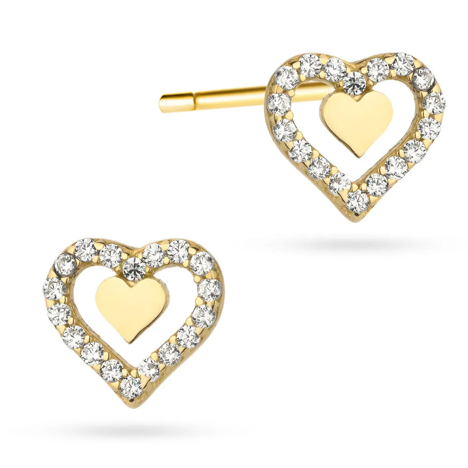 Gold Stud Earrings with Zirconia Heart
