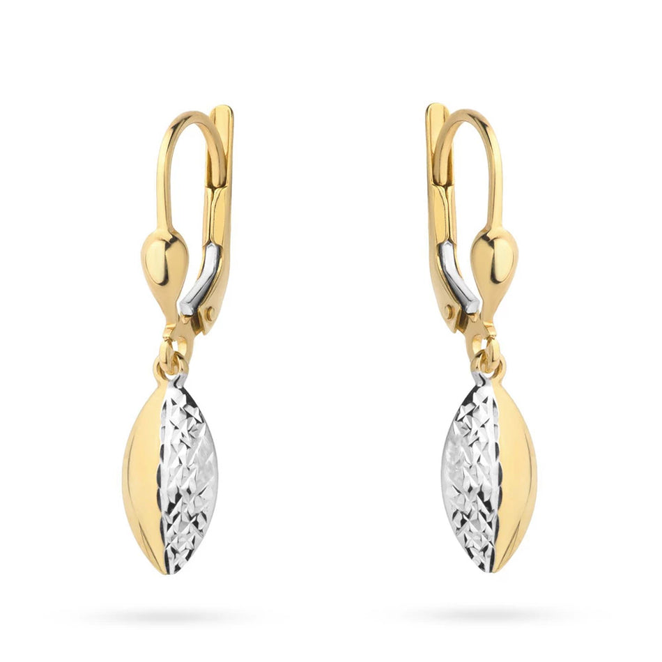 Two-color Gold Earrings with English Clasp Oval Teardrops