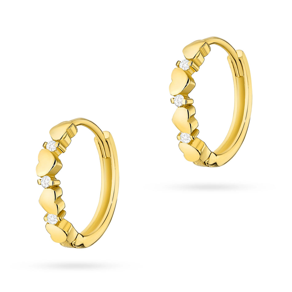 Zlaté kruhové zasouvací náušnice se zirkony srdce