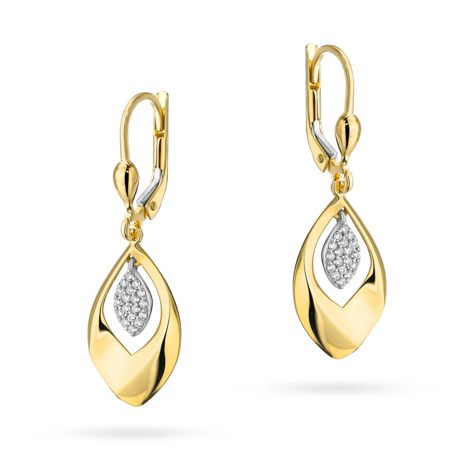 Two-color Gold Earrings with Zirconia Leaves