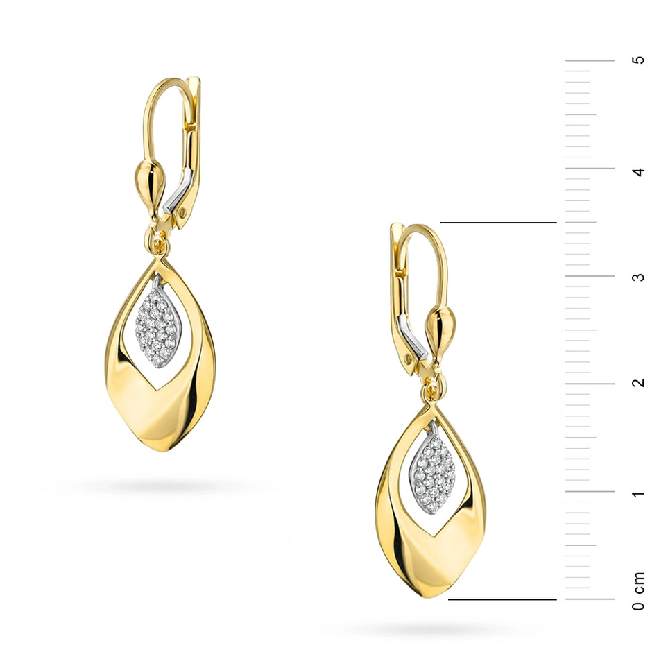 Two-color Gold Earrings with Zirconia Leaves