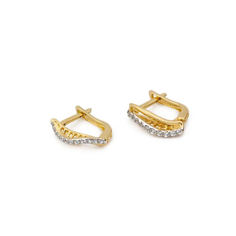 Two-color Gold English Clasp Earrings with Zirconia