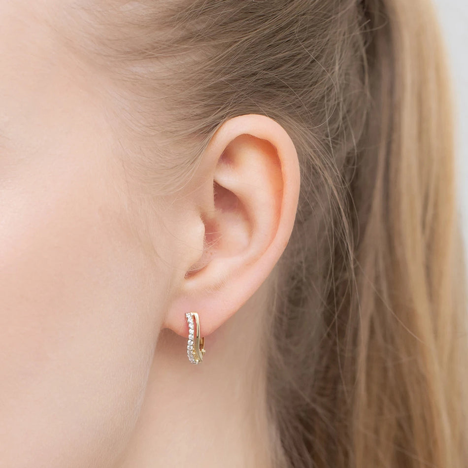 Two-color Gold English Clasp Earrings with Zirconia