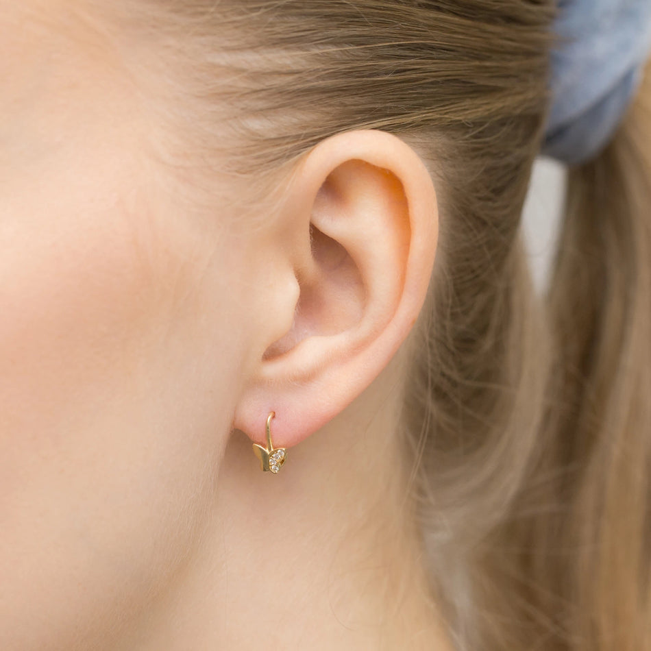 Children's Gold English Clasp Earrings with Zirconia Butterfly