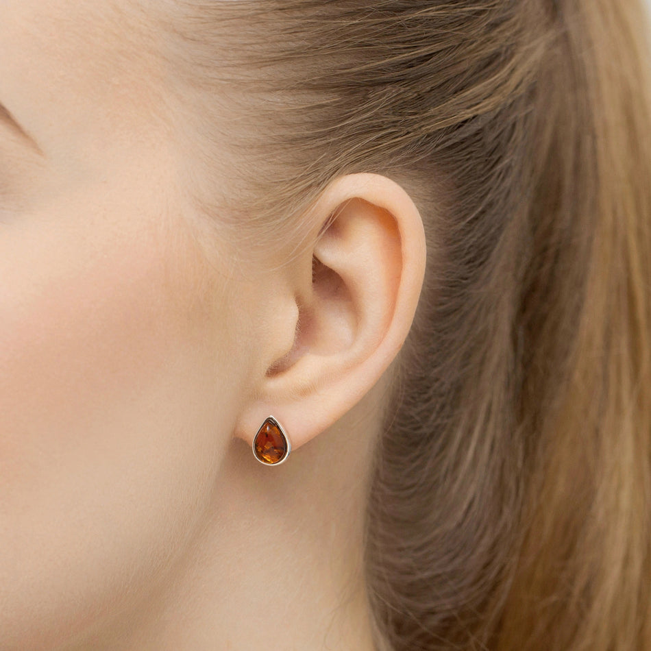 Silver Stud Earrings with Natural Amber Drops