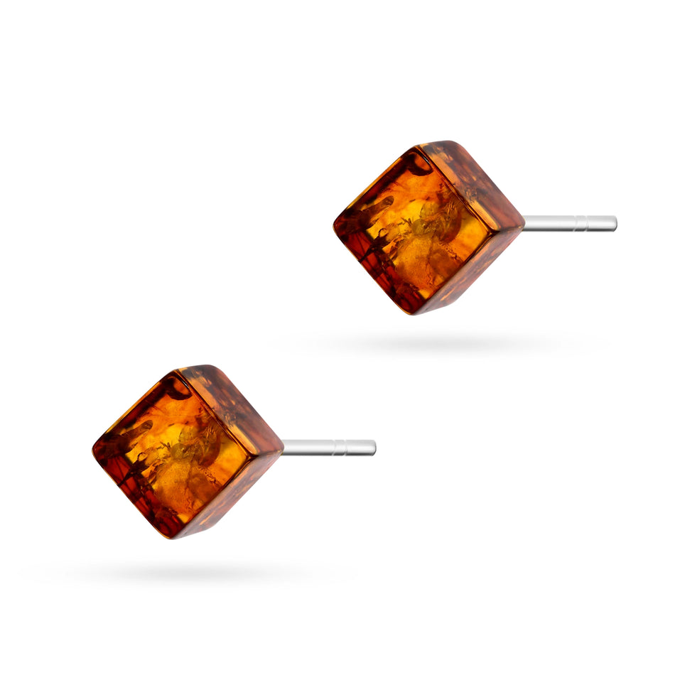 Silver Stud Earrings with Natural Amber Geometric