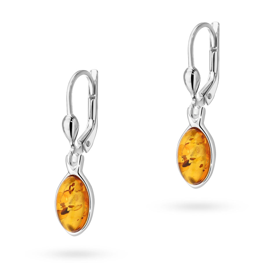 Silver English Clasp Earrings with Natural Amber Drops