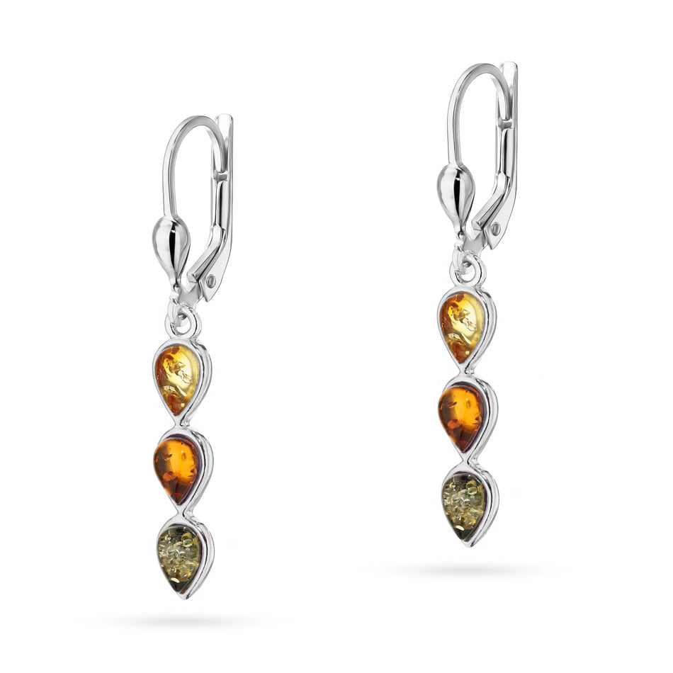Silver English Clasp Earrings with Natural Amber Drops