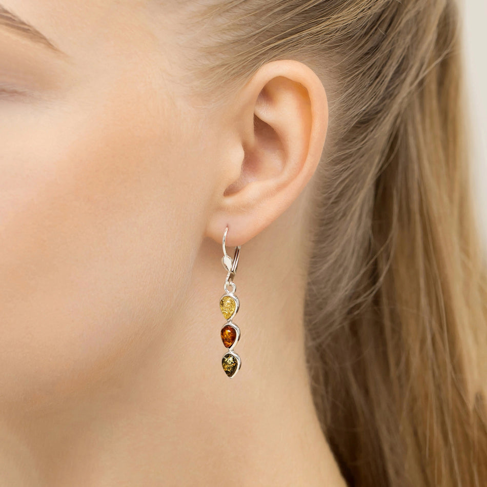 Silver English Clasp Earrings with Natural Amber Drops