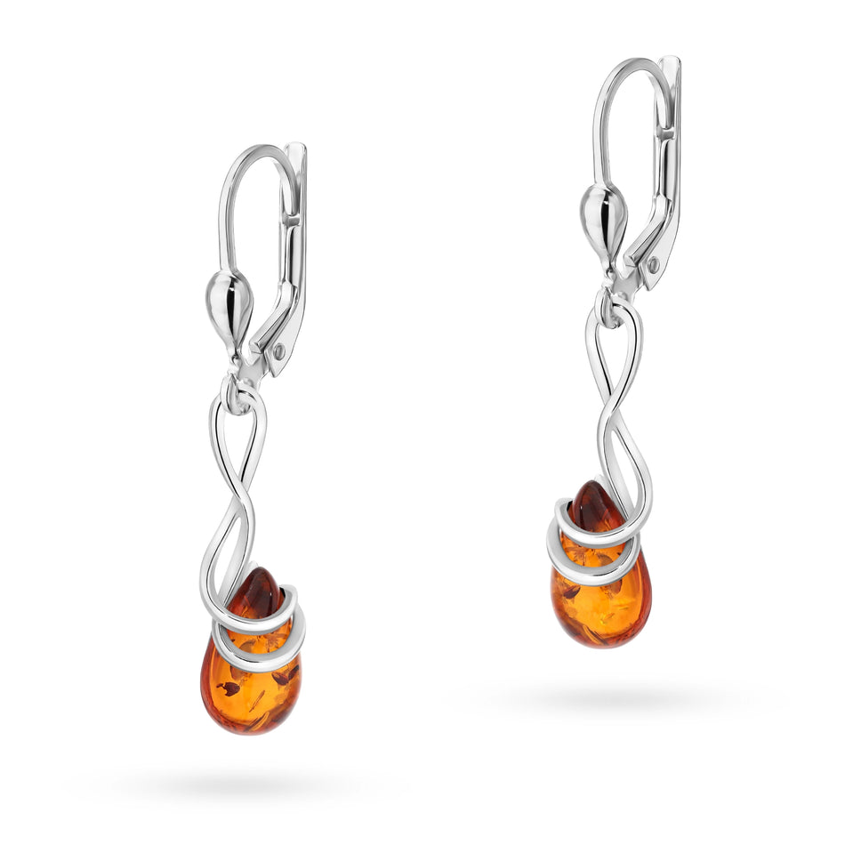 Silver English Clasp Earrings with Natural Amber Drops