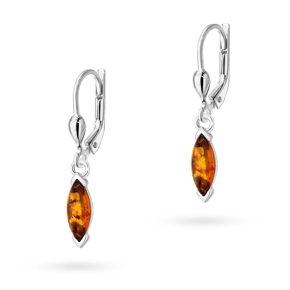 Silver English Clasp Earrings with Natural Amber Drops
