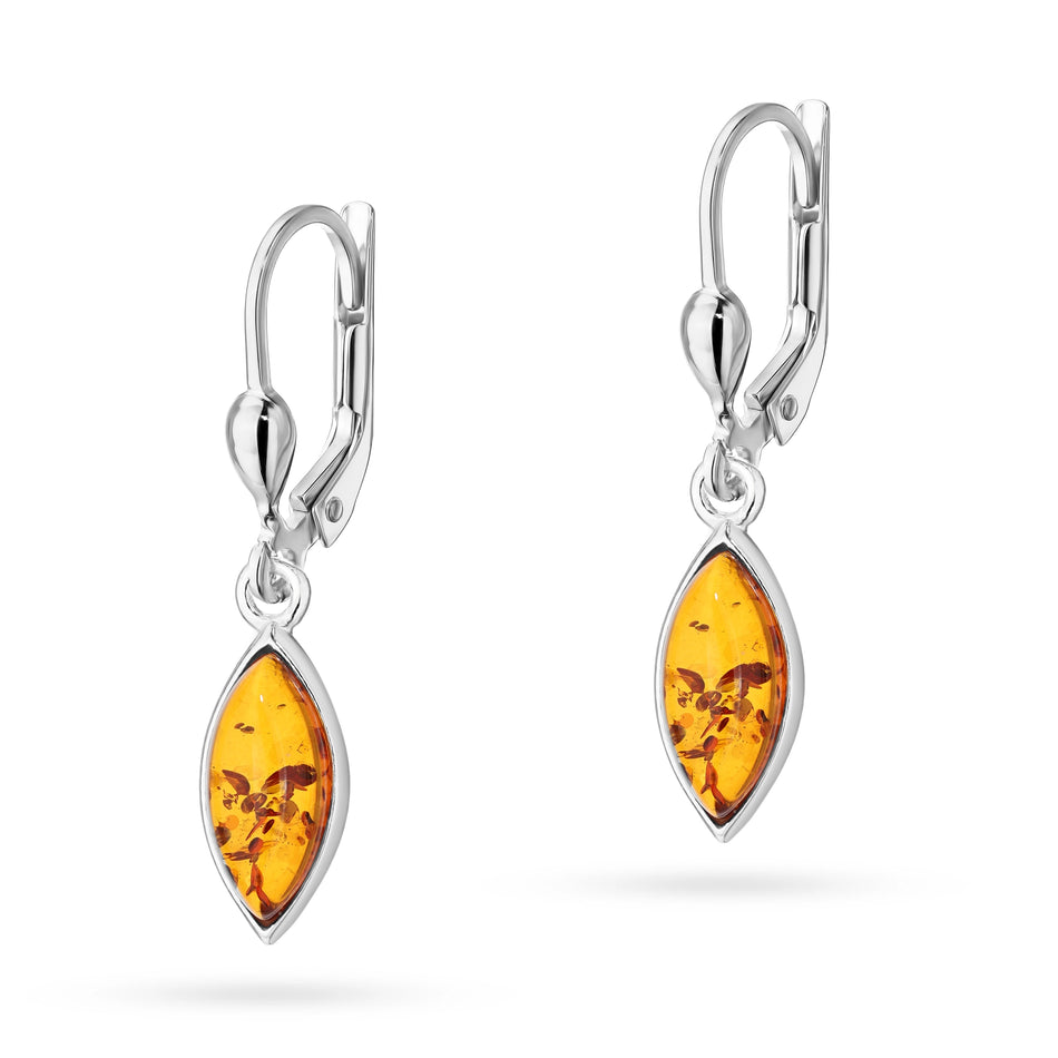 Silver English Clasp Earrings with Natural Amber Drops