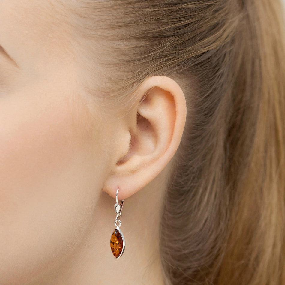 Silver English Clasp Earrings with Natural Amber Drops