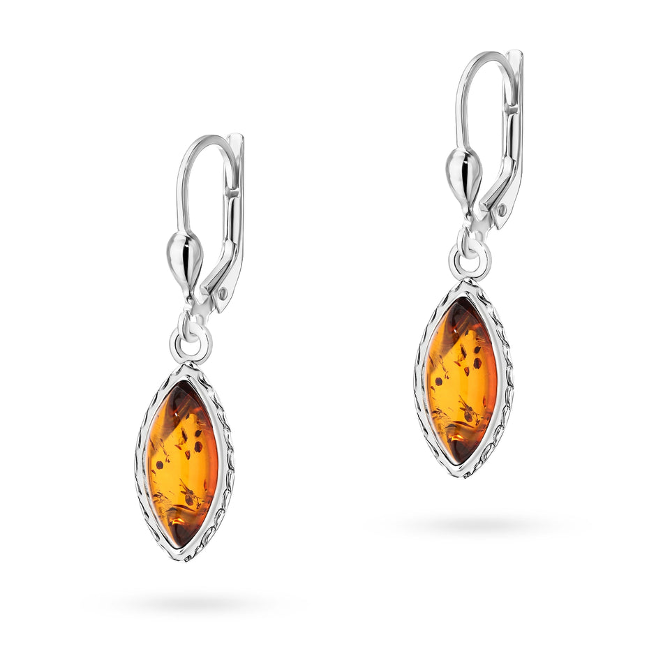 Silver English Clasp Earrings with Natural Amber Drops