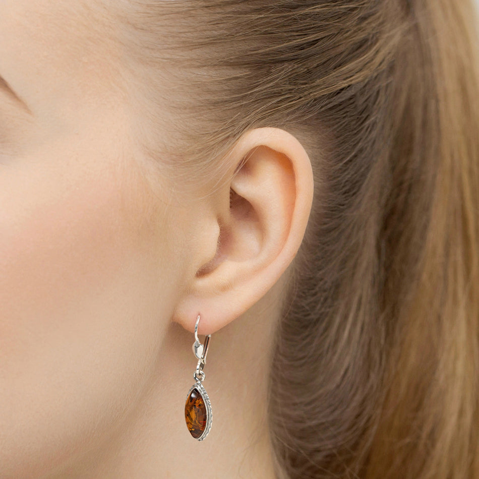 Silver English Clasp Earrings with Natural Amber Drops