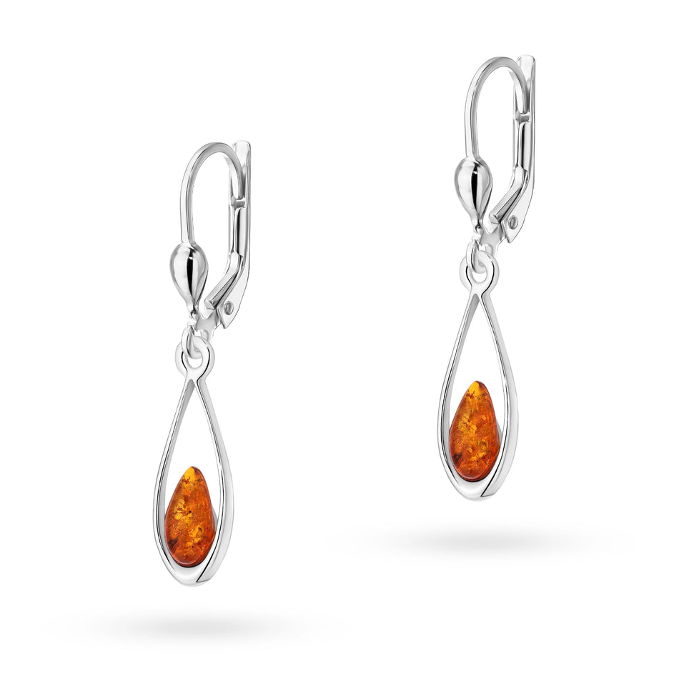Silver English Clasp Earrings with Natural Amber Drops