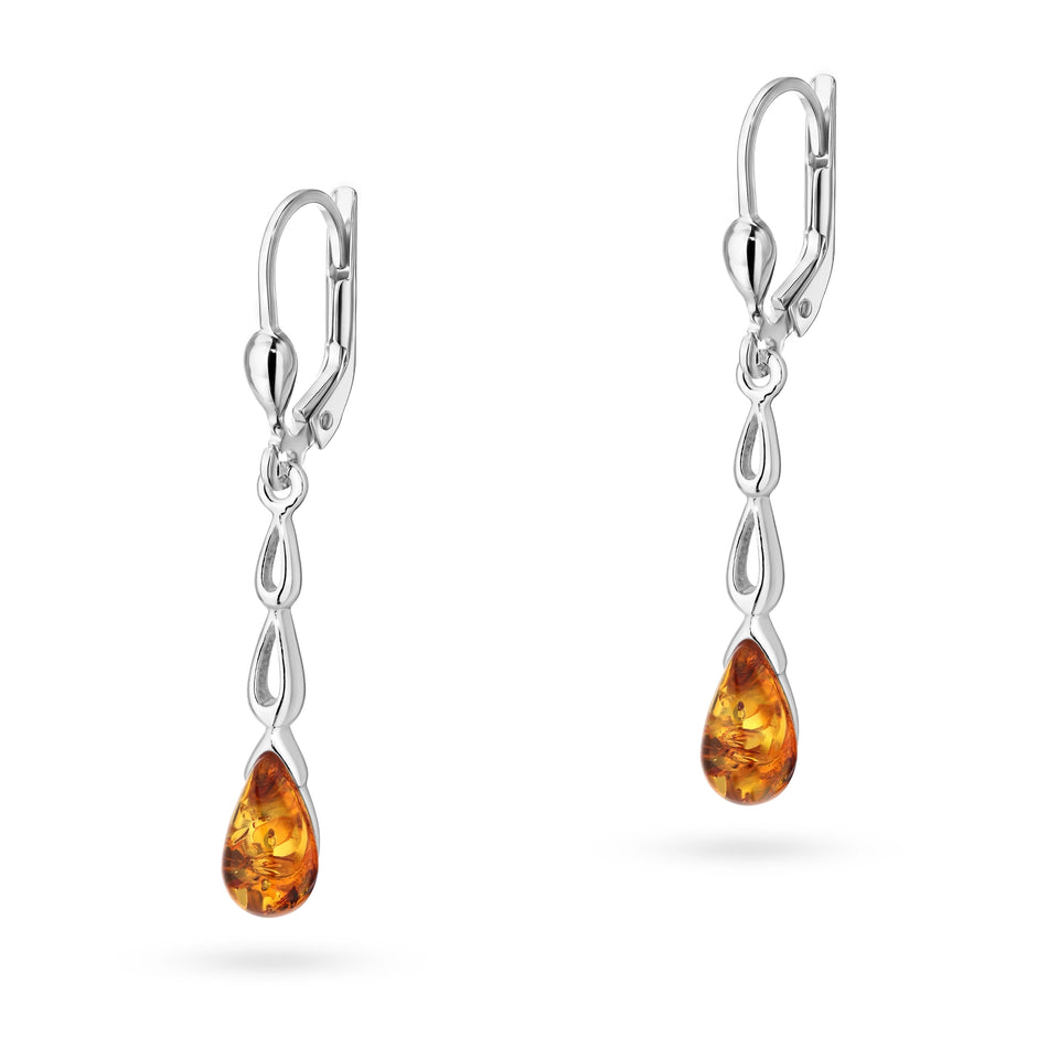 Silver English Clasp Earrings with Natural Amber Drops
