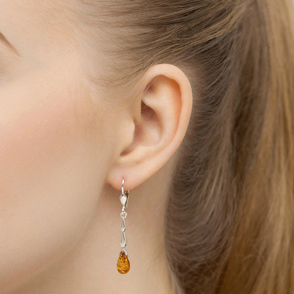 Silver English Clasp Earrings with Natural Amber Drops