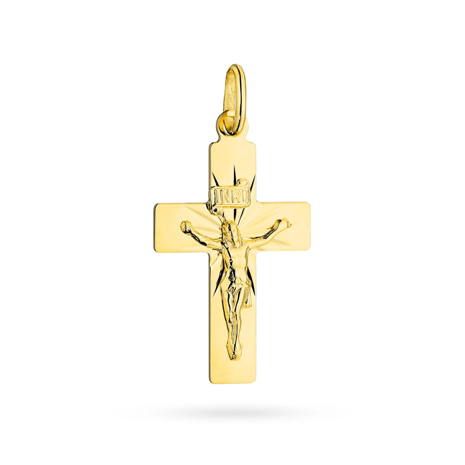 Gold Cross Pendant with Jesus Christ and Sunbeams
