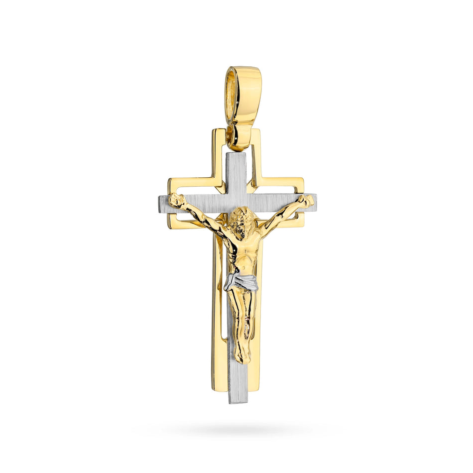 Two-color Gold Cross Pendant with Jesus Christ