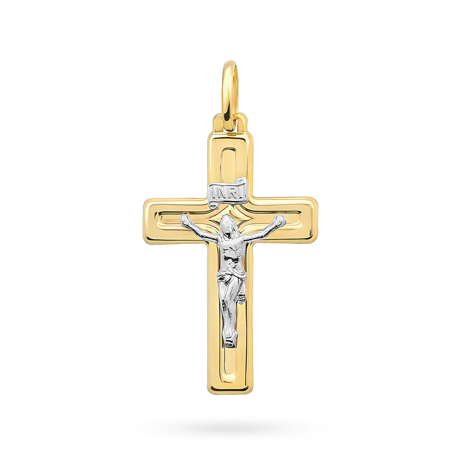 Two-color Gold Cross Pendant with Jesus Christ