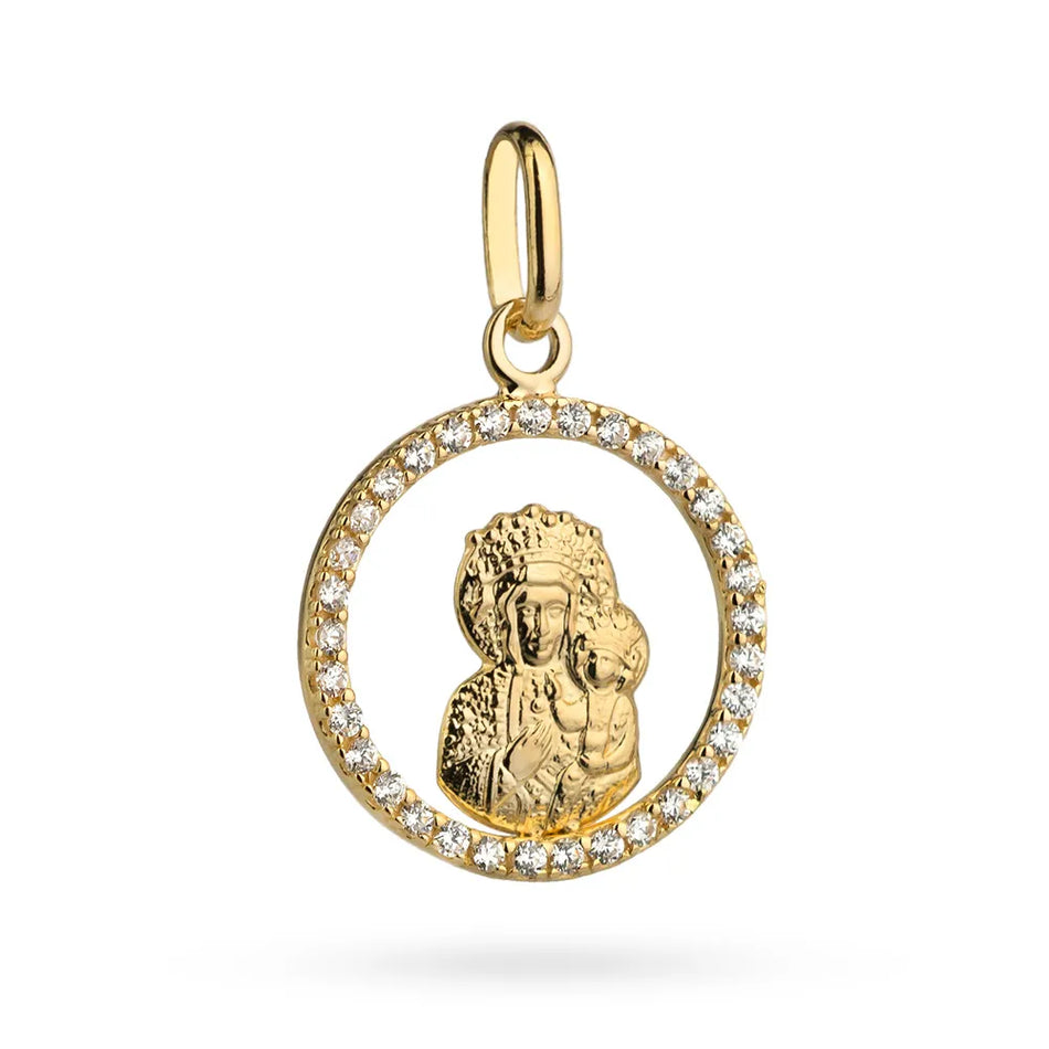 Gold Virgin Mary Medallion Pendant with Zirconia