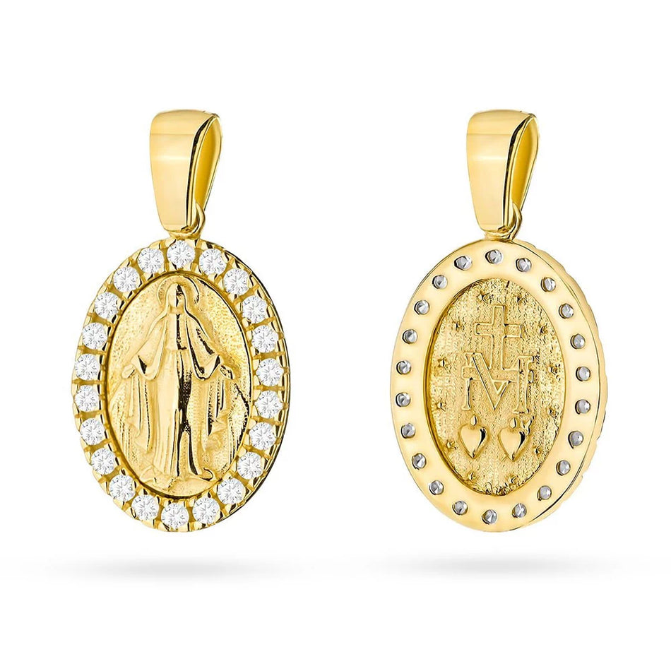 Gold Virgin Mary Medallion Pendant with Zirconia