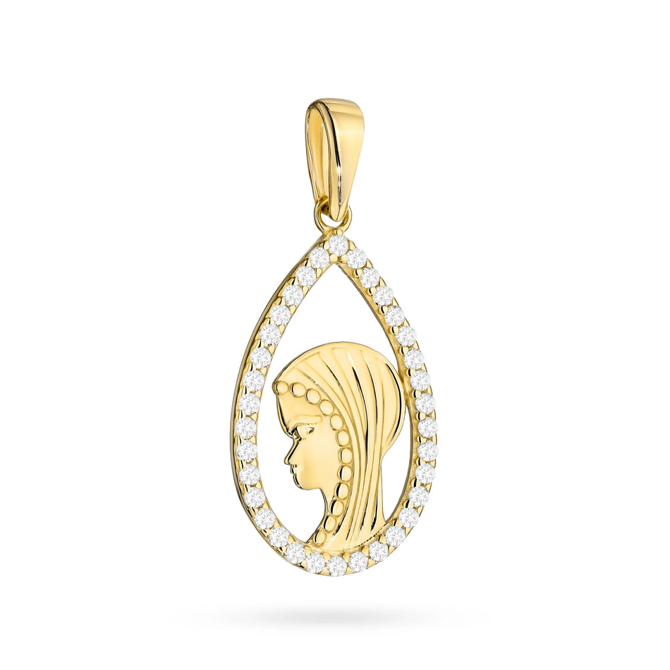 Gold Virgin Mary Medallion Pendant with Zirconia