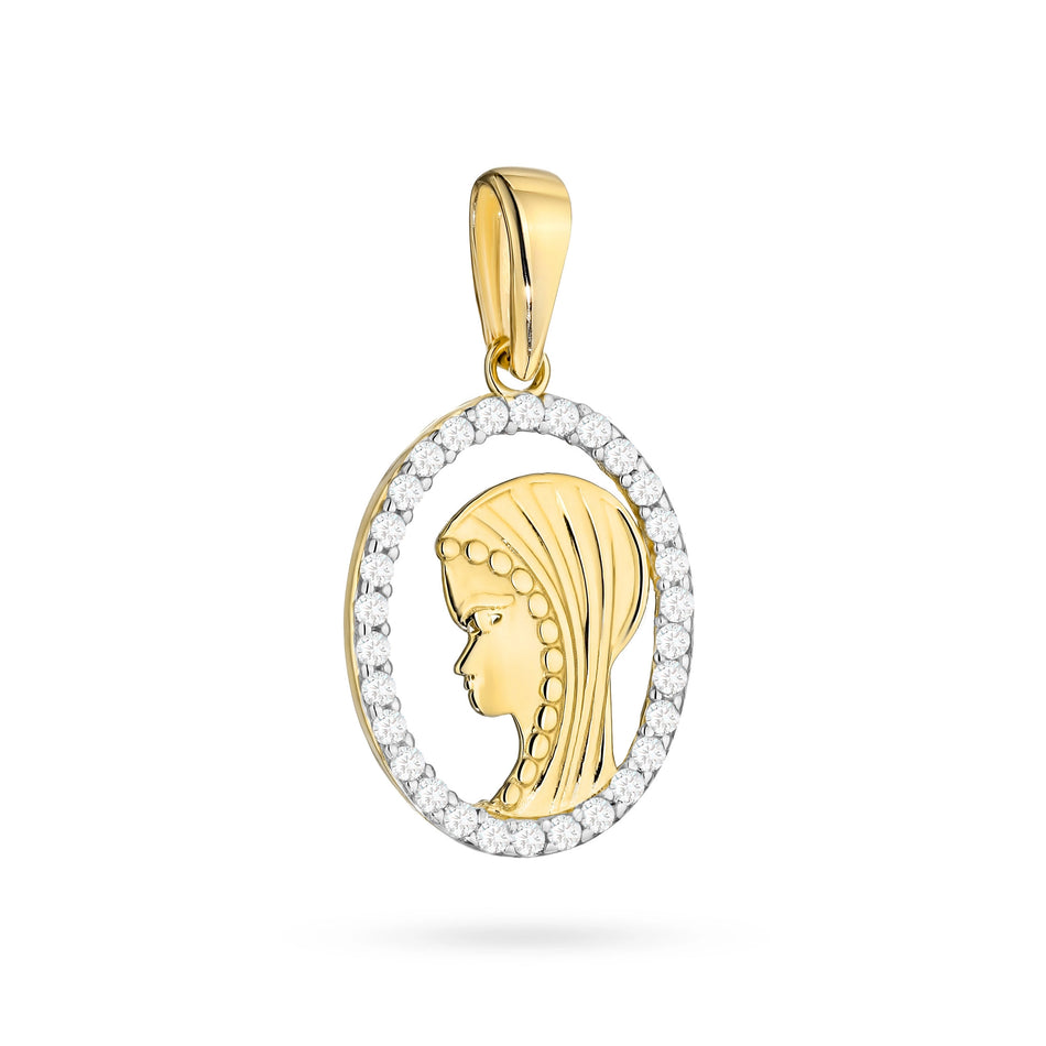 Gold Virgin Mary Medallion Pendant with Zirconia