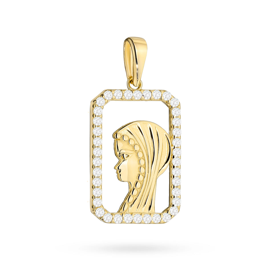 Gold Virgin Mary Medallion Pendant with Zirconia