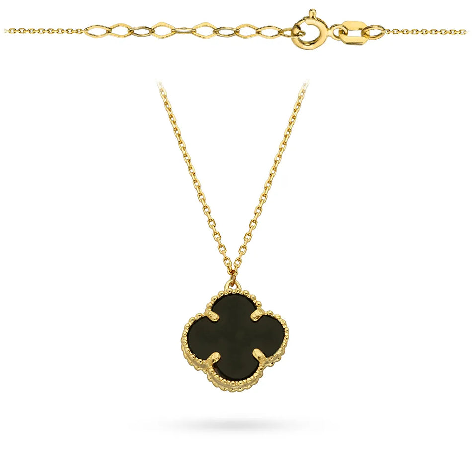 Gold Necklace with Black Clover Synthetic Onyx