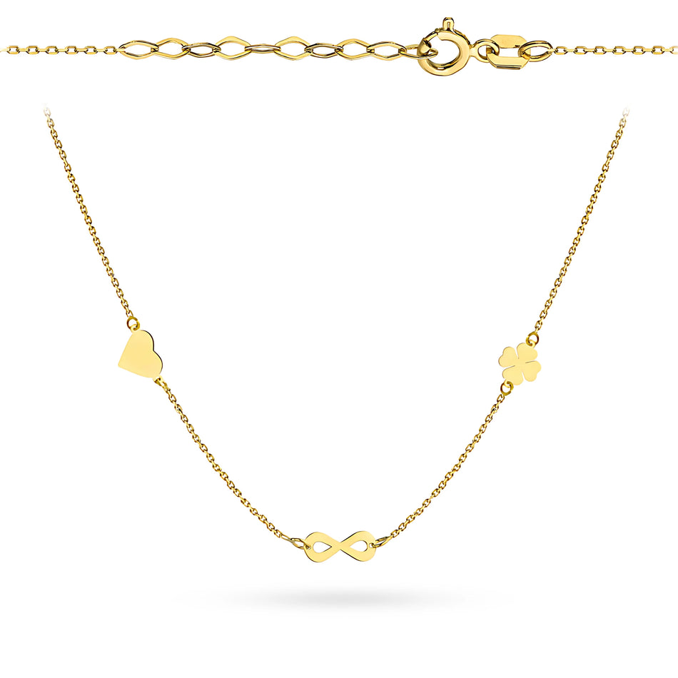 Gold Necklace with Heart Lucky Clover Infinity
