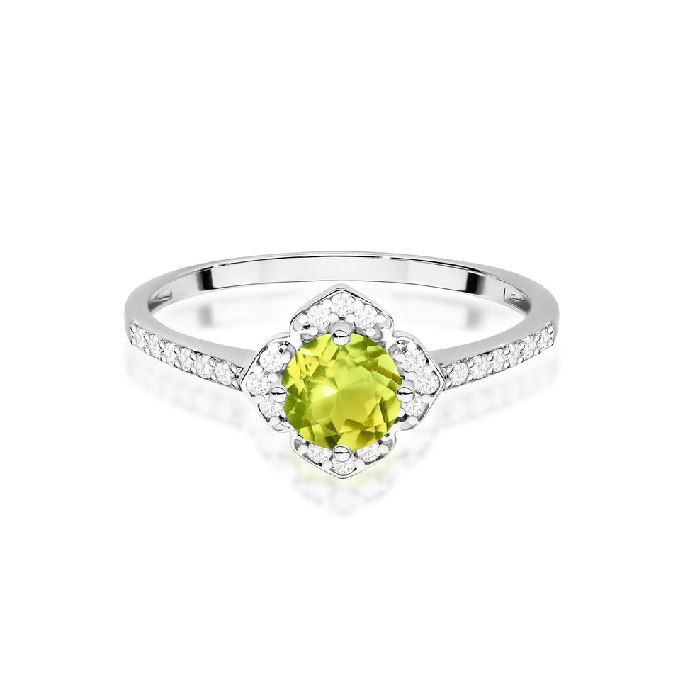 Gold Ring Flower with 0.60ct Olivine and Diamonds