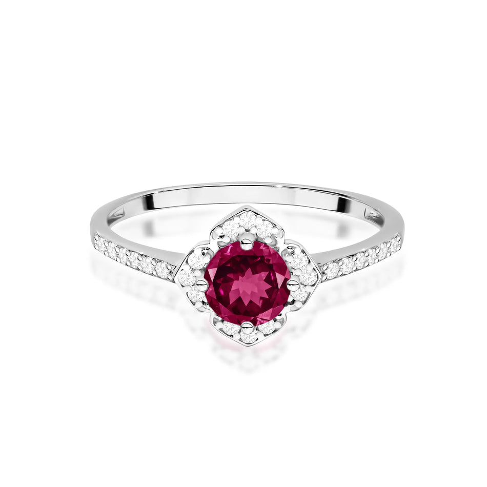 Gold Ring Flower with 0.60ct Rhodolite and Diamonds