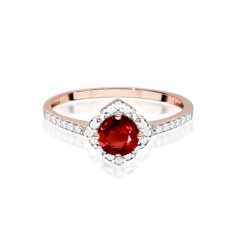 Gold Ring Flower with 0.60ct Garnet and Diamonds