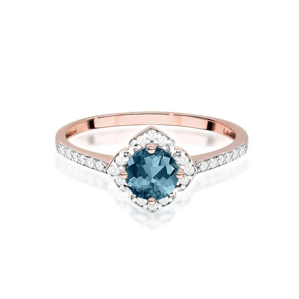 Gold Ring Flower with 0.50ct Topaz London Blue and Diamonds