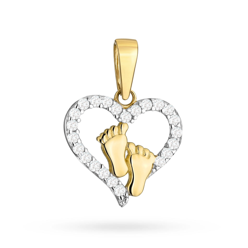 Gold Pendant Baby Feet and Heart Set with Zirconia