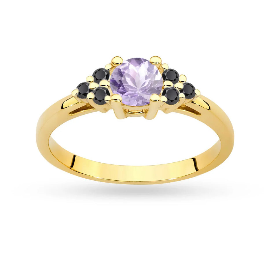 Gold Ring with 0,50ct Amethyst and 6 Black Diamonds